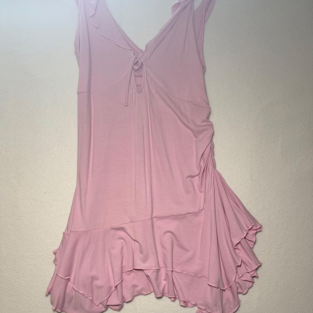 Wild Fable Pink Babydoll Dress Ruffled Hem Tie Front V-Neck Mini Size M